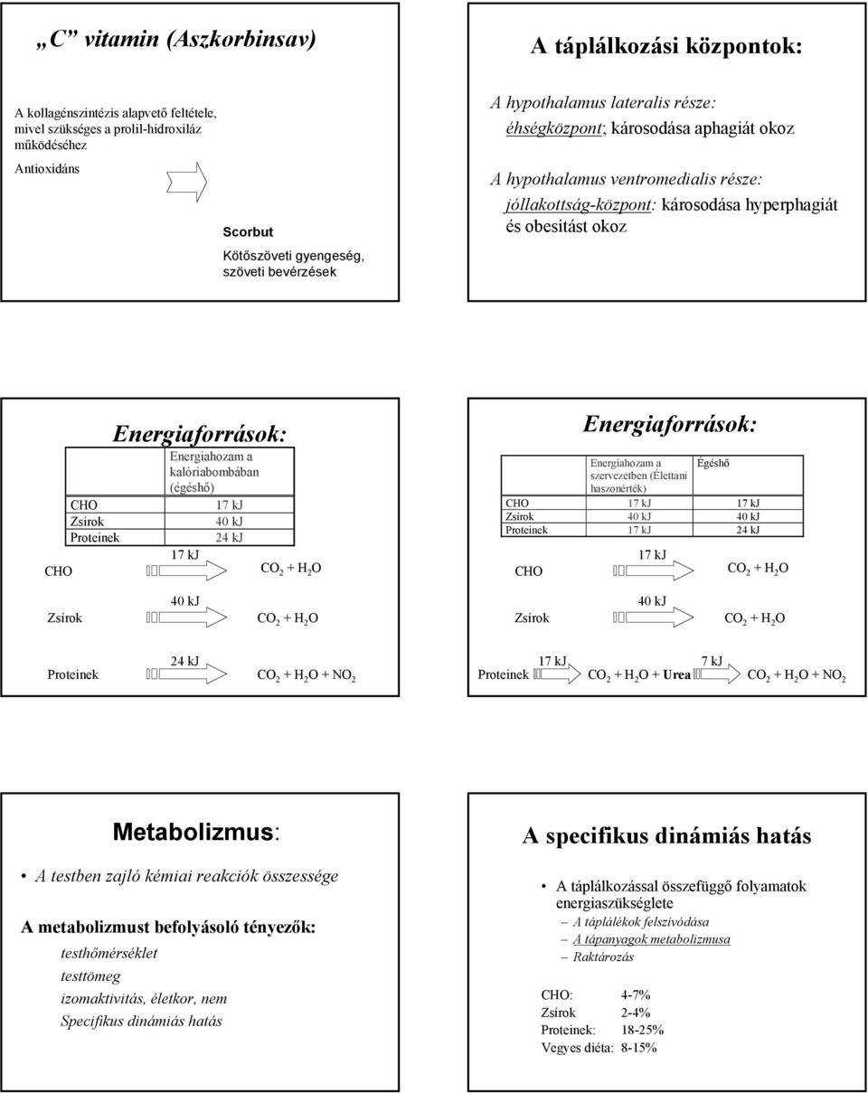 Proteinek Energiaforrások: Energiahozam a kalóriabombában (égéshő) 17 kj 40 kj 24 kj 17 kj Energiaforrások: Energiahozam a Égéshő szervezetben (Élettani haszonérték) CHO 17 kj 17 kj Zsírok 40 kj 40