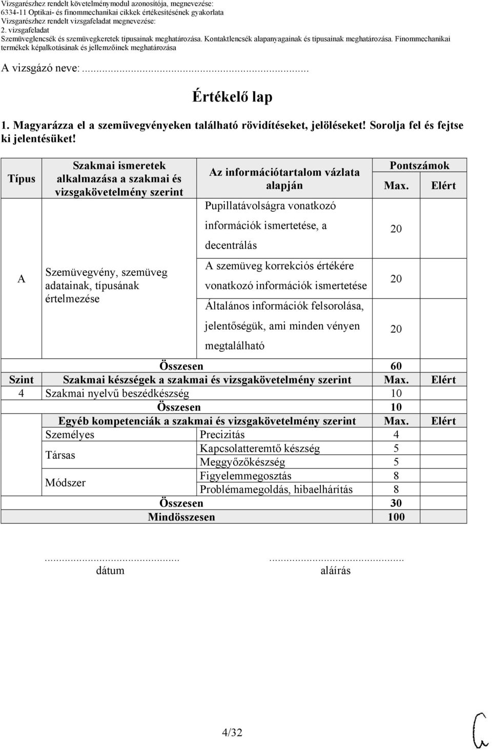 információk ismertetése, a decentrálás A szemüveg korrekciós értékére vonatkozó információk ismertetése Általános információk felsorolása, jelentőségük, ami minden vényen megtalálható Pontszámok Max.