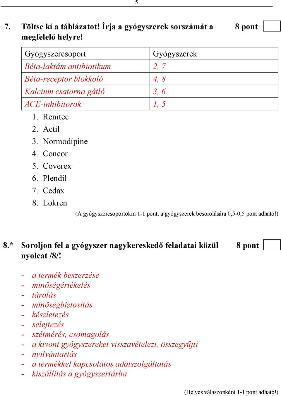 Plendil 7. Cedax 8. Lokren Gyógyszerek (A gyógyszercsoportokra 1-1 pont; a gyógyszerek besorolására 0,5-0,5 pont adható!) 8.