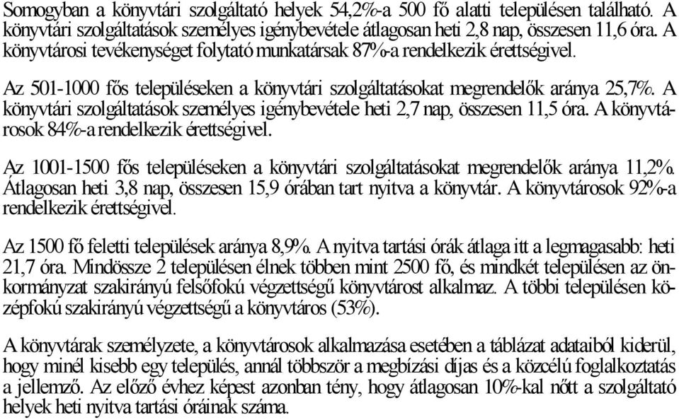 A könyvtári szolgáltatások személyes igénybevétele heti 2,7 nap, összesen 11,5 óra. A könyvtárosok 84%-a rendelkezik érettségivel.