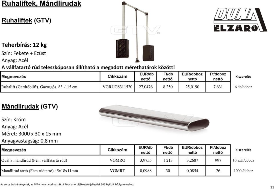 VGRUG8311520 27,0476 8 250 25,0190 7 631 6 db/doboz Mándlirudak (GTV) Szín: Króm Anyag: Acél Méret: 3000 x 30 x 15 mm