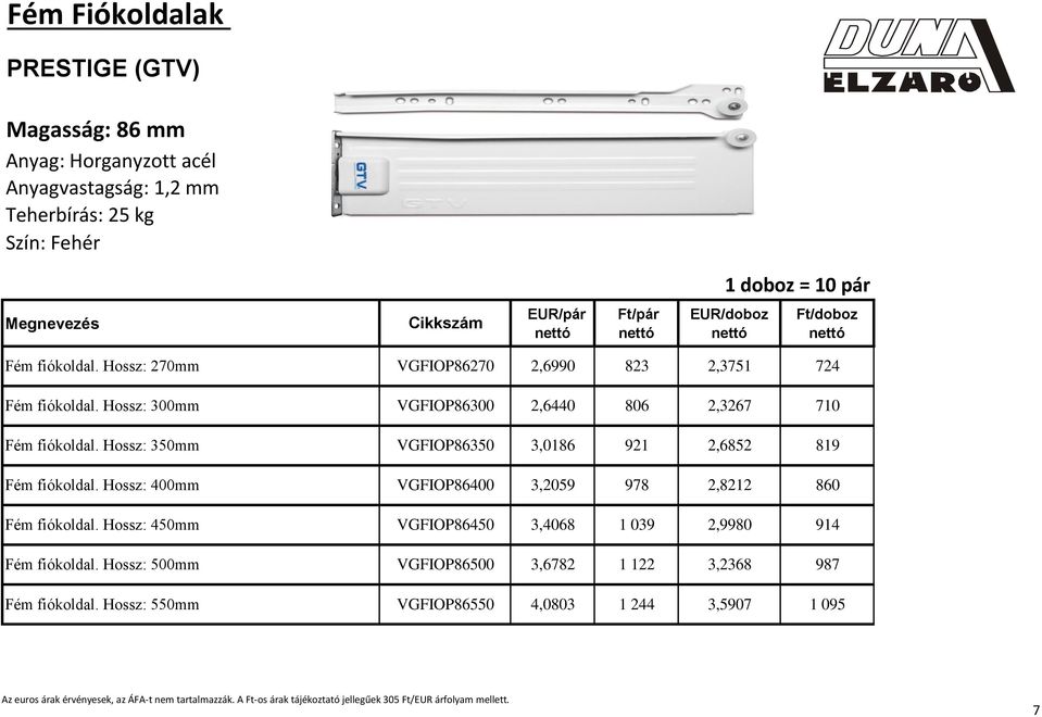 Hossz: 350mm VGFIOP86350 3,0186 921 2,6852 819 Fém fiókoldal. Hossz: 400mm VGFIOP86400 3,2059 978 2,8212 860 Fém fiókoldal.