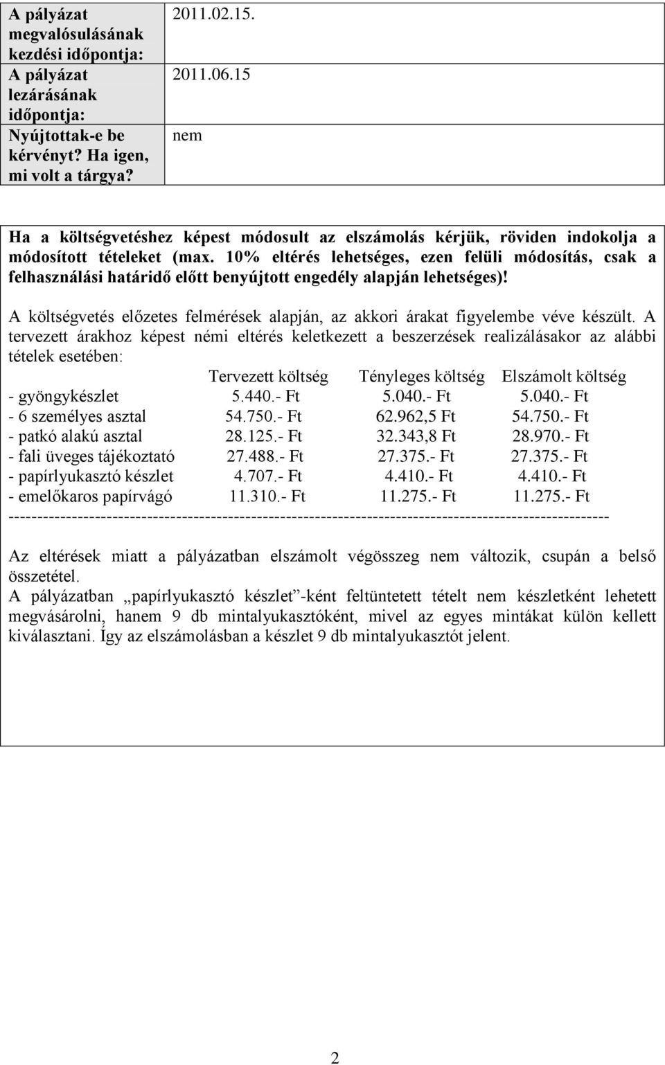 10% eltérés lehetséges, ezen felüli módosítás, csak a felhasználási határidő előtt benyújtott engedély alapján lehetséges)!