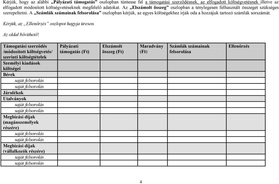 A Számlák számainak felsorolása oszlopban kérjük, az egyes költségekhez írják oda a hozzájuk tartozó számlák sorszámát. Kérjük, az Ellenőrzés oszlopot hagyja üresen. Az oldal bővíthető!