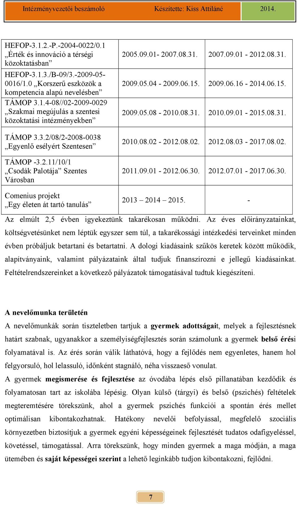 2.11/10/1 Csodák Palotája Szentes Városban Comenius projekt Egy életen át tartó tanulás 2005.09.01-2007.08.31. 2007.09.01-2012.08.31. 2009.05.04-2009.06.15. 2009.06.16-2014.06.15. 2009.05.08-2010.08.31. 2010.