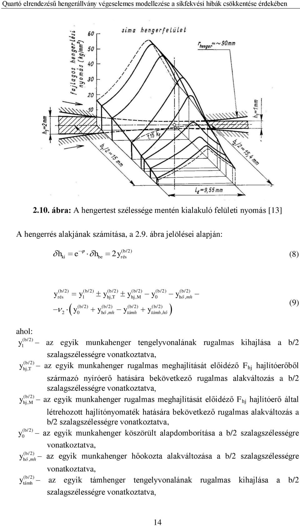 ahol: ( b/2) y 1 az egyik munkahenger tengelyvonalának rugalmas kihajlása a b/2 szalagszélességre vonatkoztatva, ( b/2) y az egyik munkahenger rugalmas meghajlítását előidéző F hj hajlítóerőből y y