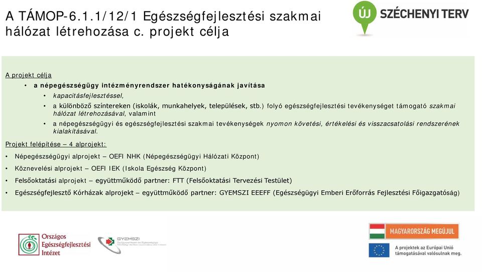 ) folyó egészségfejlesztési tevékenységet támogató szakmai hálózat létrehozásával, valamint a népegészségügyi és egészségfejlesztési szakmai tevékenységek nyomon követési, értékelési és