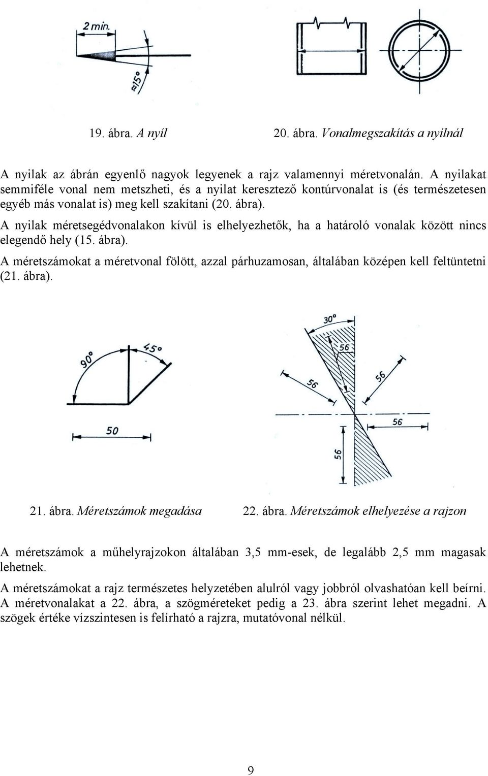 A nyilak méretsegédvonalakon kívül is elhelyezhetők, ha a határoló vonalak között nincs elegendő hely (15. ábra).