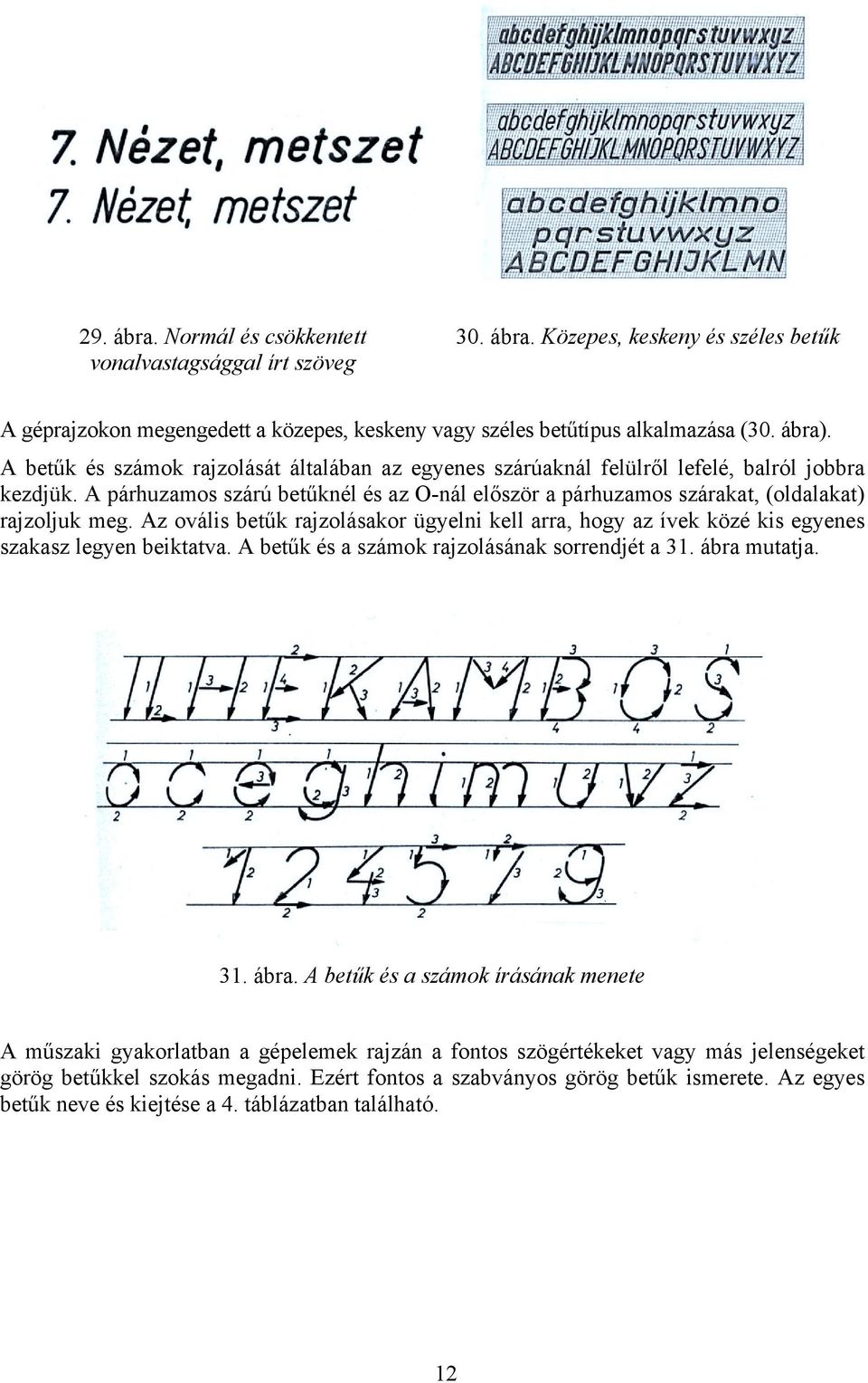 Az ovális betűk rajzolásakor ügyelni kell arra, hogy az ívek közé kis egyenes szakasz legyen beiktatva. A betűk és a számok rajzolásának sorrendjét a 31. ábra 