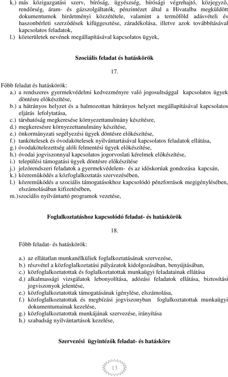 ) közterületek nevének megállapításával kapcsolatos ügyek, Szociális feladat és hatáskörök 17. Főbb feladat és hatáskörök: a.