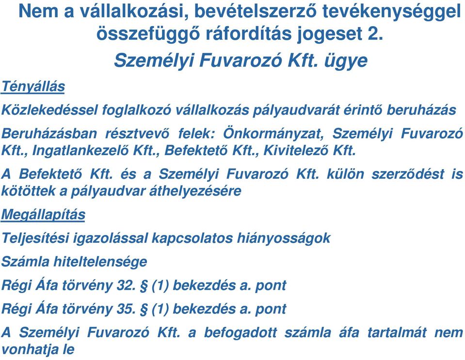 , Ingatlankezelő Kft., Befektető Kft., Kivitelező Kft. A Befektető Kft. és a Személyi Fuvarozó Kft.