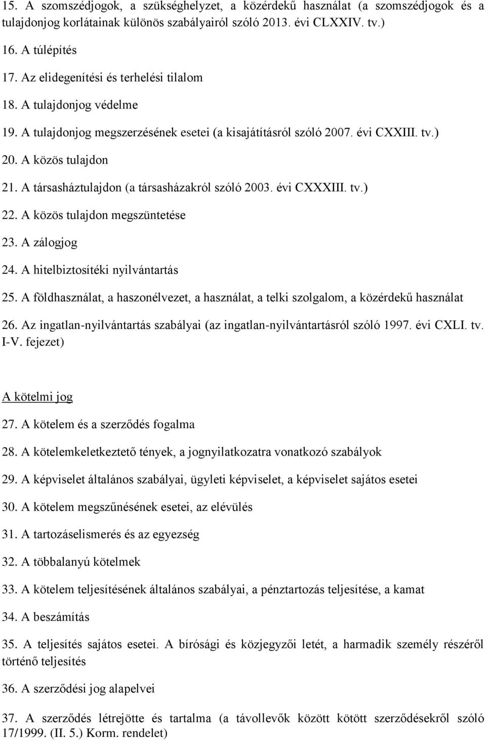 A társasháztulajdon (a társasházakról szóló 2003. évi CXXXIII. tv.) 22. A közös tulajdon megszüntetése 23. A zálogjog 24. A hitelbiztosítéki nyilvántartás 25.