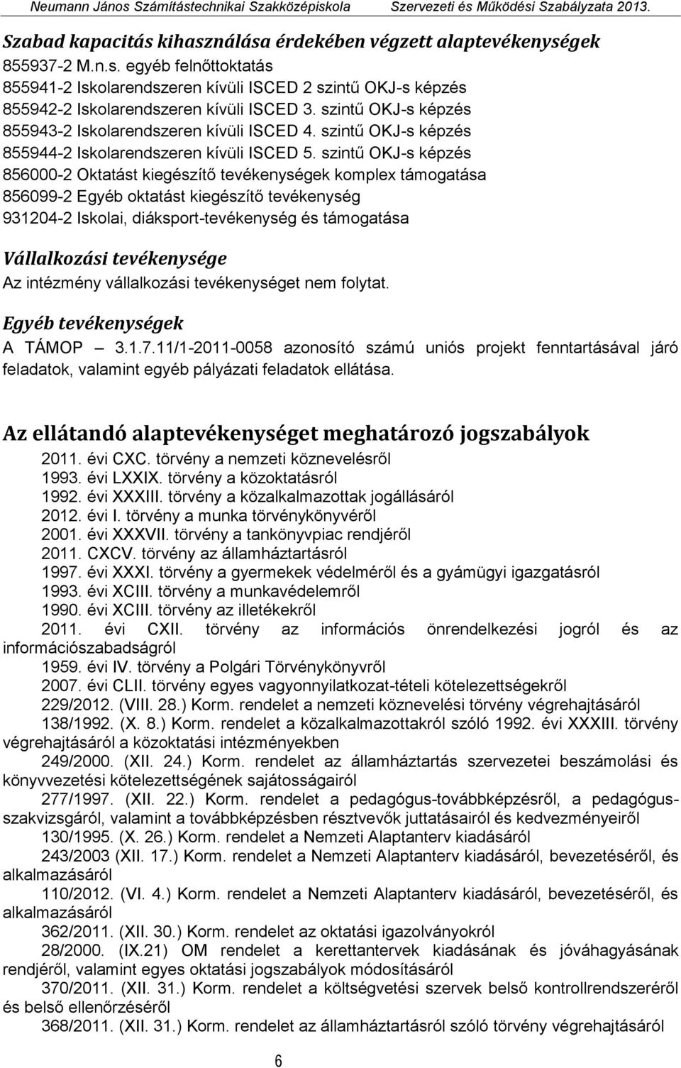 szintű OKJ-s képzés 856000-2 Oktatást kiegészítő tevékenységek komplex támogatása 856099-2 Egyéb oktatást kiegészítő tevékenység 931204-2 Iskolai, diáksport-tevékenység és támogatása Vállalkozási