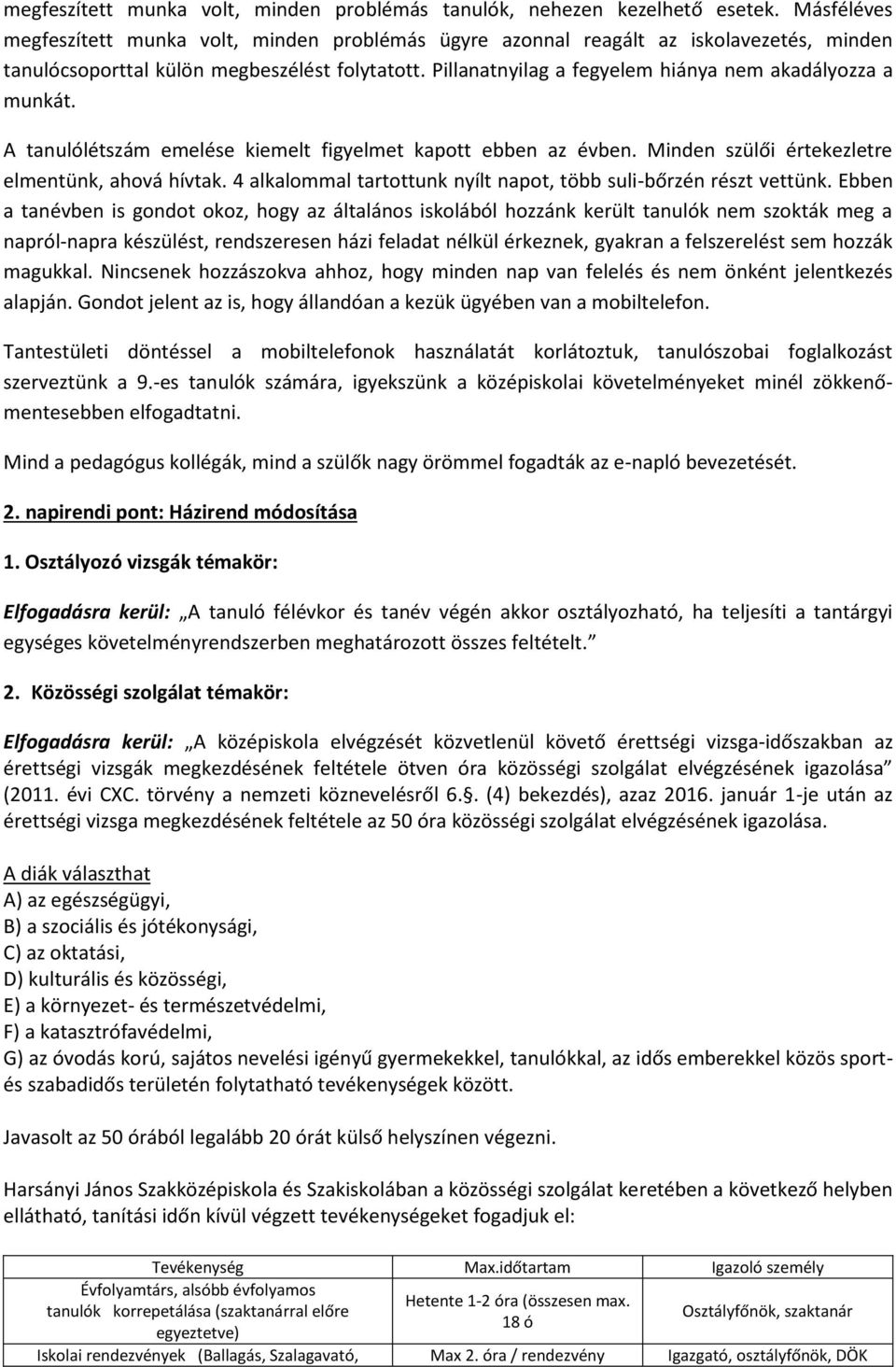 Pillanatnyilag a fegyelem hiánya nem akadályozza a munkát. A tanulólétszám emelése kiemelt figyelmet kapott ebben az évben. Minden szülői értekezletre elmentünk, ahová hívtak.