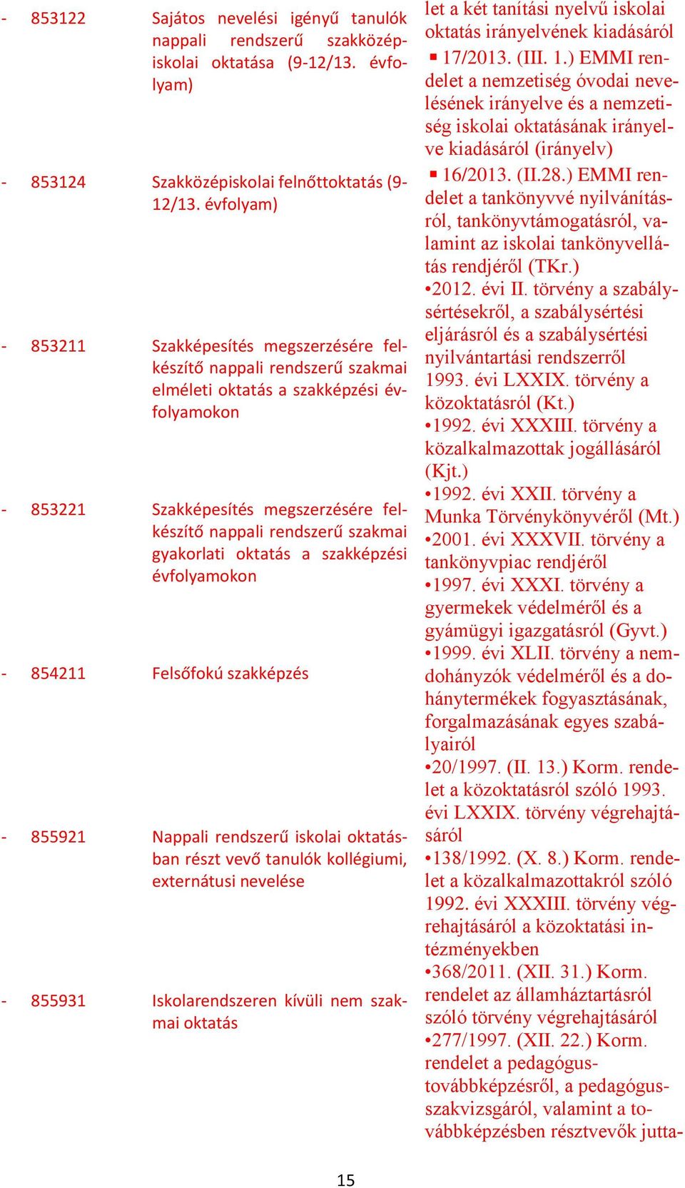 szakmai gyakorlati oktatás a szakképzési évfolyamokon - 854211 Felsőfokú szakképzés - 855921 Nappali rendszerű iskolai oktatásban részt vevő tanulók kollégiumi, externátusi nevelése - 855931