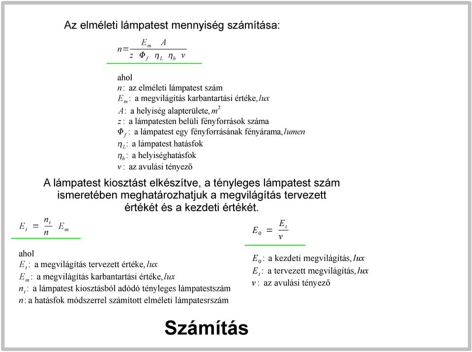 szám ismeretében meghatározhatjuk a megvilágítás tervezett értékét és a kezdeti értékét.