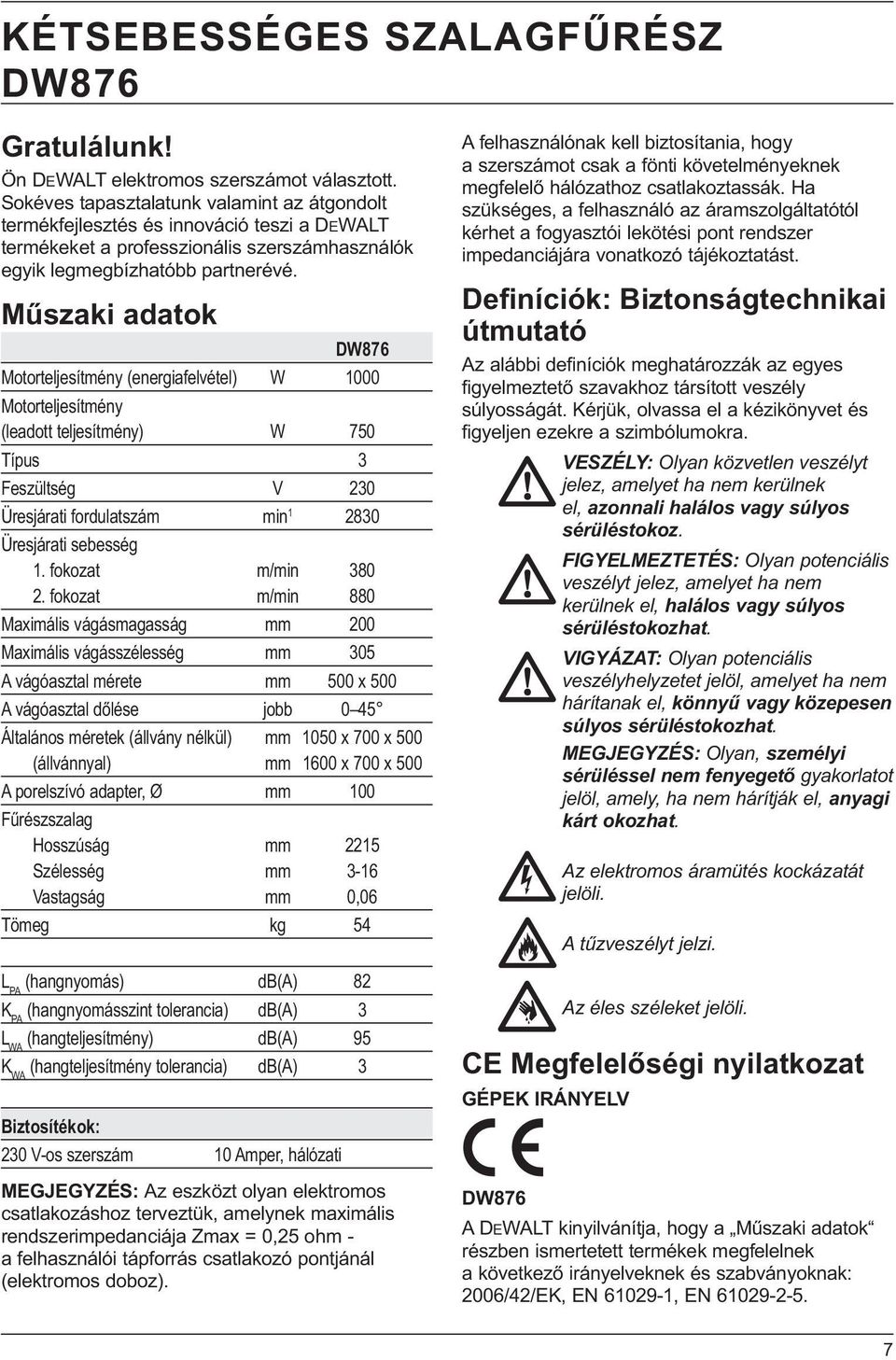 Műszaki adatok DW876 Motorteljesítmény (energiafelvétel) W 1000 Motorteljesítmény (leadott teljesítmény) W 750 Típus 3 Feszültség V 230 Üresjárati fordulatszám min 1 2830 Üresjárati sebesség 1.