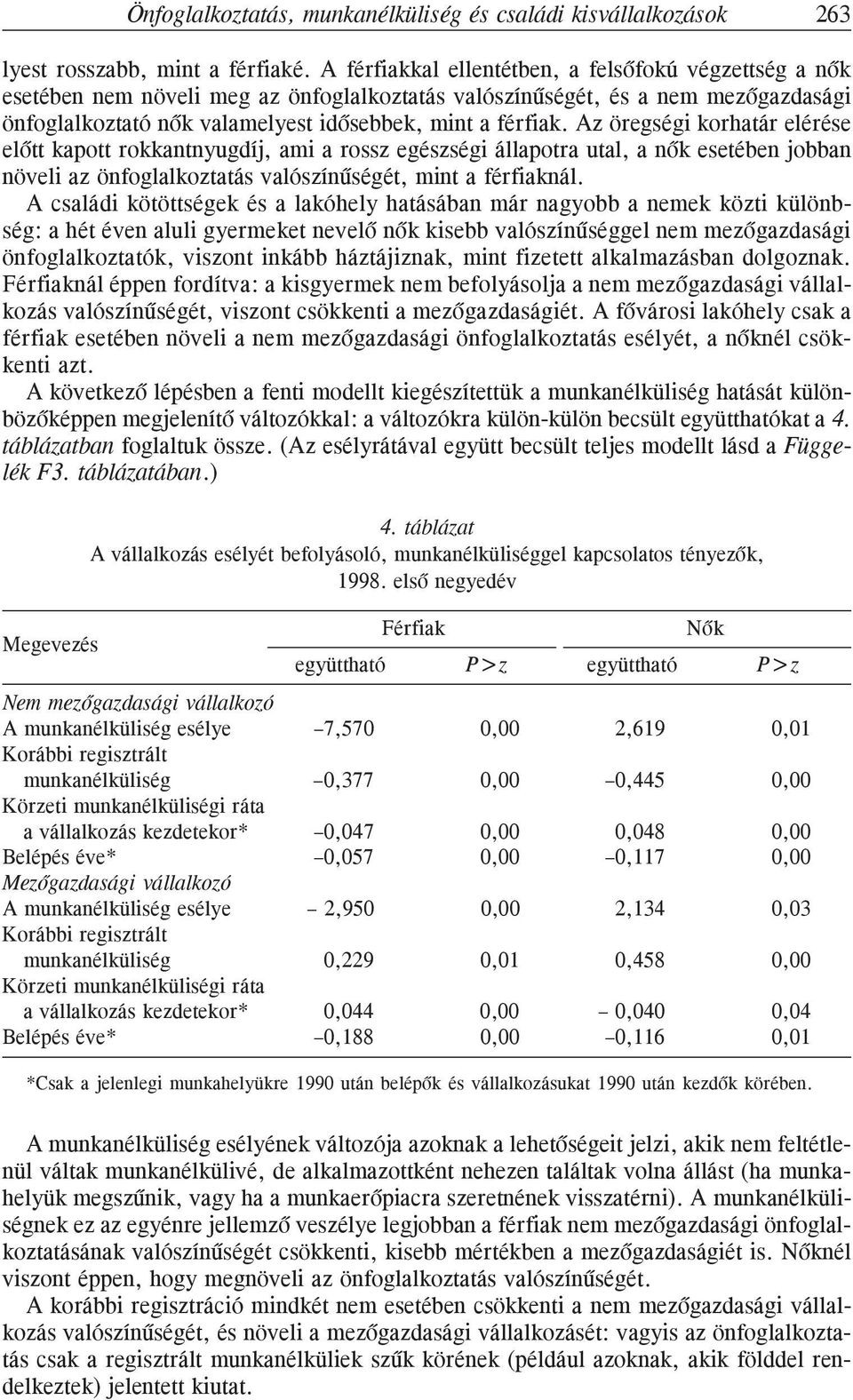 Az öregségi korhatár elérése elõtt kapott rokkantnyugdíj, ami a rossz egészségi állapotra utal, a nõk esetében jobban növeli az önfoglalkoztatás valószínûségét, mint a férfiaknál.