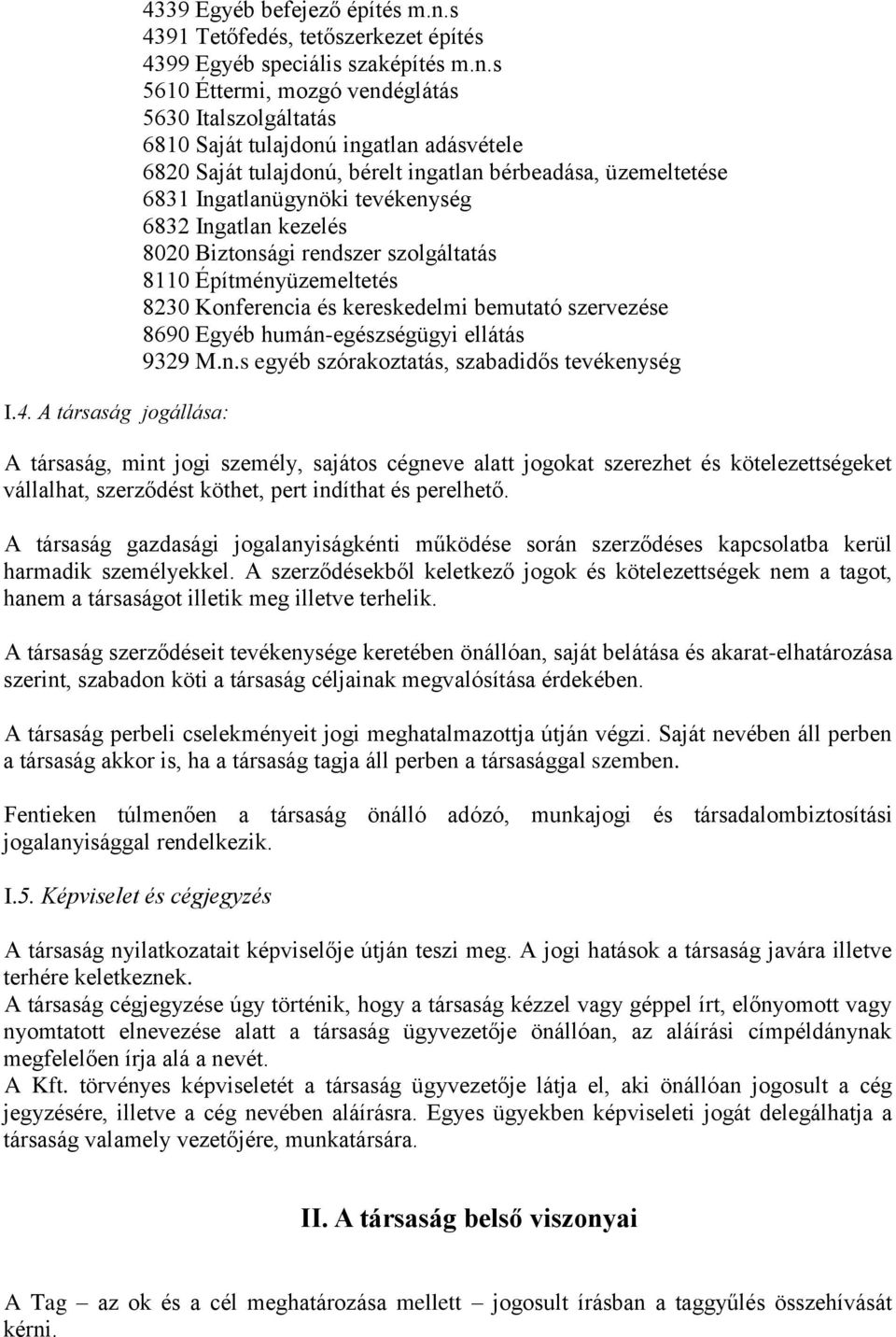 s 5610 Éttermi, mozgó vendéglátás 5630 Italszolgáltatás 6810 Saját tulajdonú ingatlan adásvétele 6820 Saját tulajdonú, bérelt ingatlan bérbeadása, üzemeltetése 6831 Ingatlanügynöki tevékenység 6832