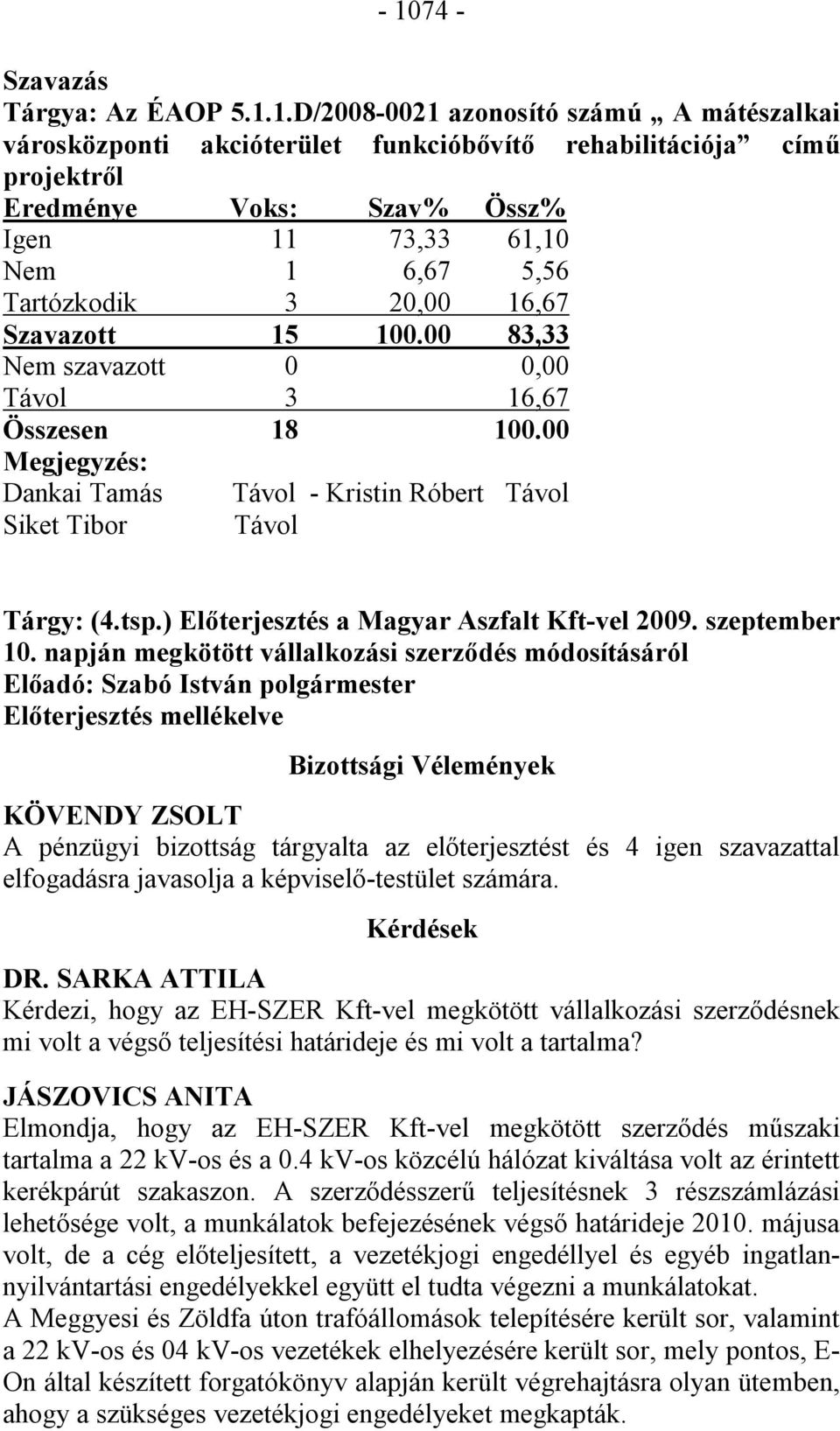 00 Megjegyzés: Dankai Tamás Távol - Kristin Róbert Távol Siket Tibor Távol Tárgy: (4.tsp.) Előterjesztés a Magyar Aszfalt Kft-vel 2009. szeptember 10.