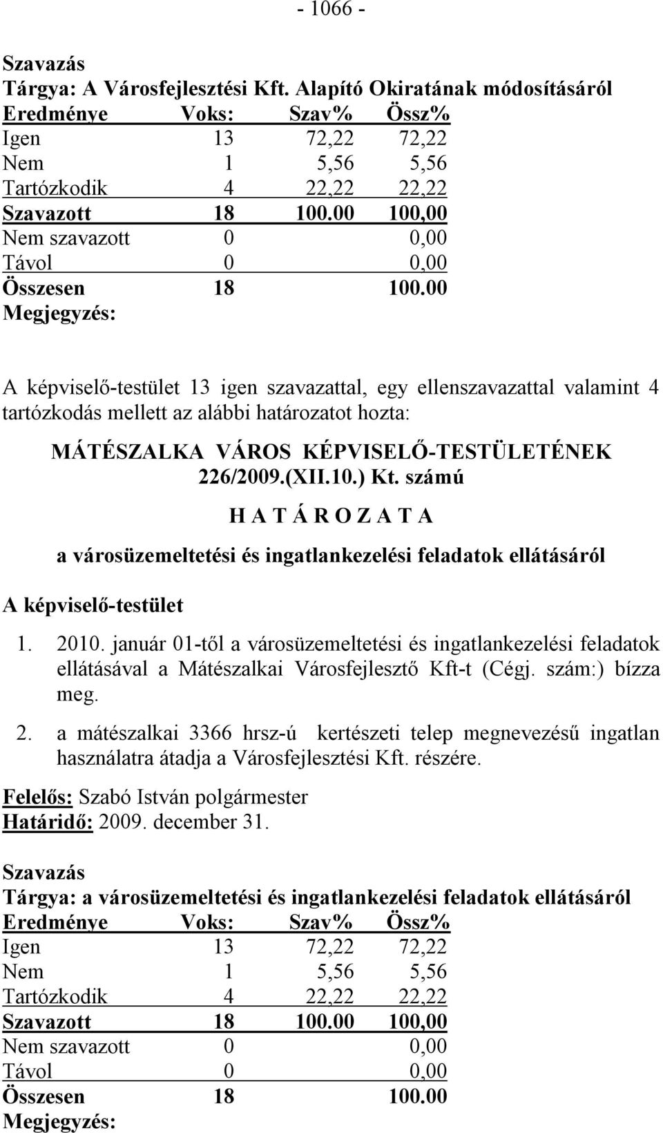 00 Megjegyzés: A képviselő-testület 13 igen szavazattal, egy ellenszavazattal valamint 4 tartózkodás mellett az alábbi határozatot hozta: MÁTÉSZALKA VÁROS KÉPVISELŐ-TESTÜLETÉNEK 226/2009.(XII.10.) Kt.