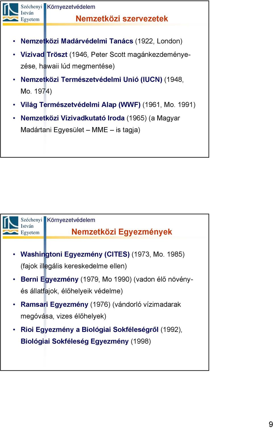 1991) Nemzetközi Vízivadkutató Iroda (1965) (a Magyar Madártani Egyesület MME is tagja) Nemzetközi Egyezmények Washingtoni Egyezmény (CITES) (1973, Mo.