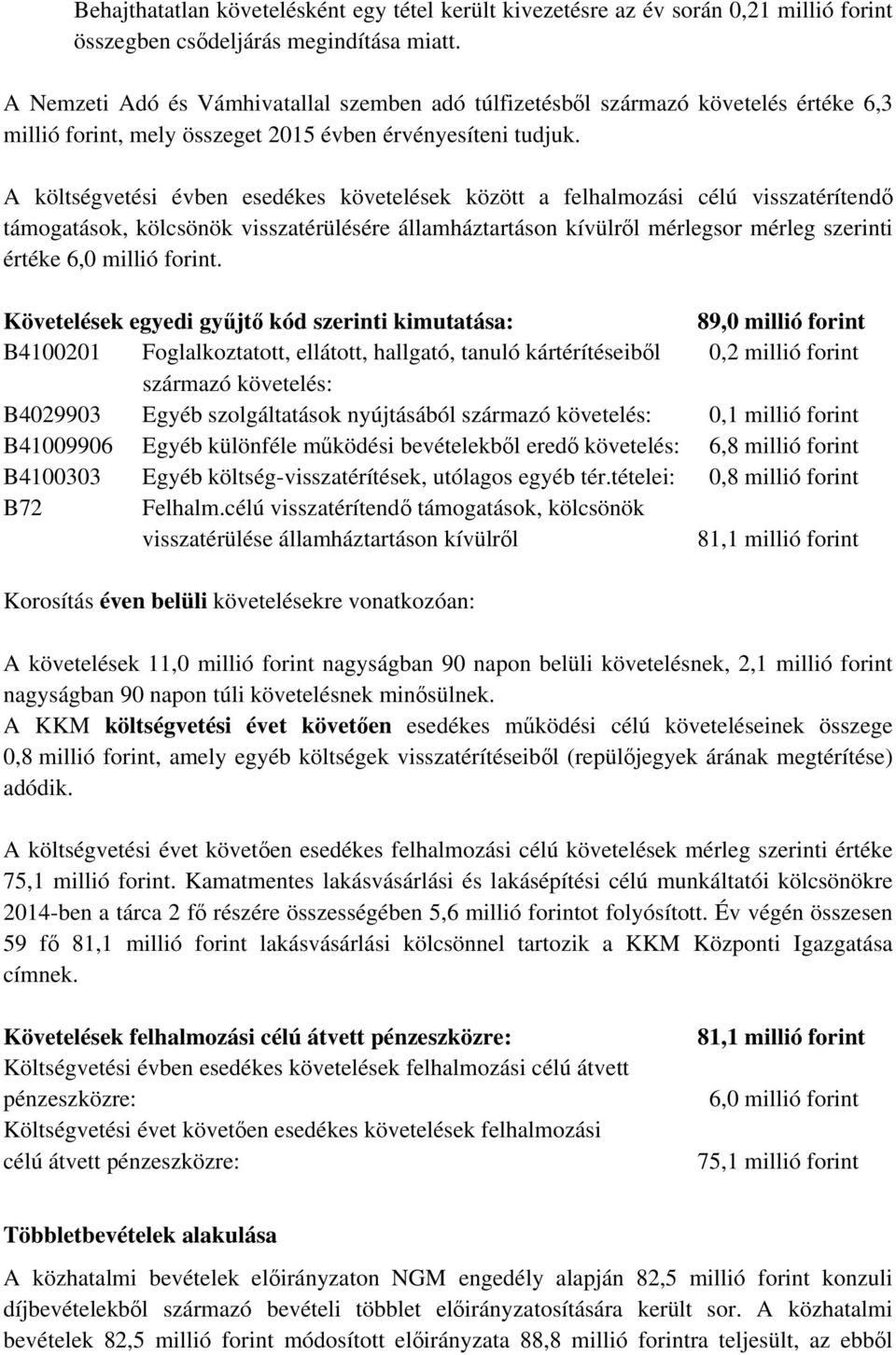 A költségvetési évben esedékes követelések között a felhalmozási célú visszatérítendő támogatások, kölcsönök visszatérülésére államháztartáson kívülről mérlegsor mérleg szerinti értéke 6,0 millió