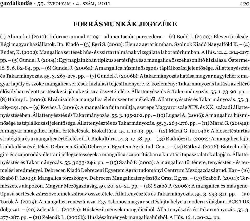 (5) Gundel J. (2004): Egy napjainkban tipikus sertésfajta és a mangalica összehasonlító hizlalása. Őstermelő. 8. 6. 82-84. pp. (6) Gundel J.