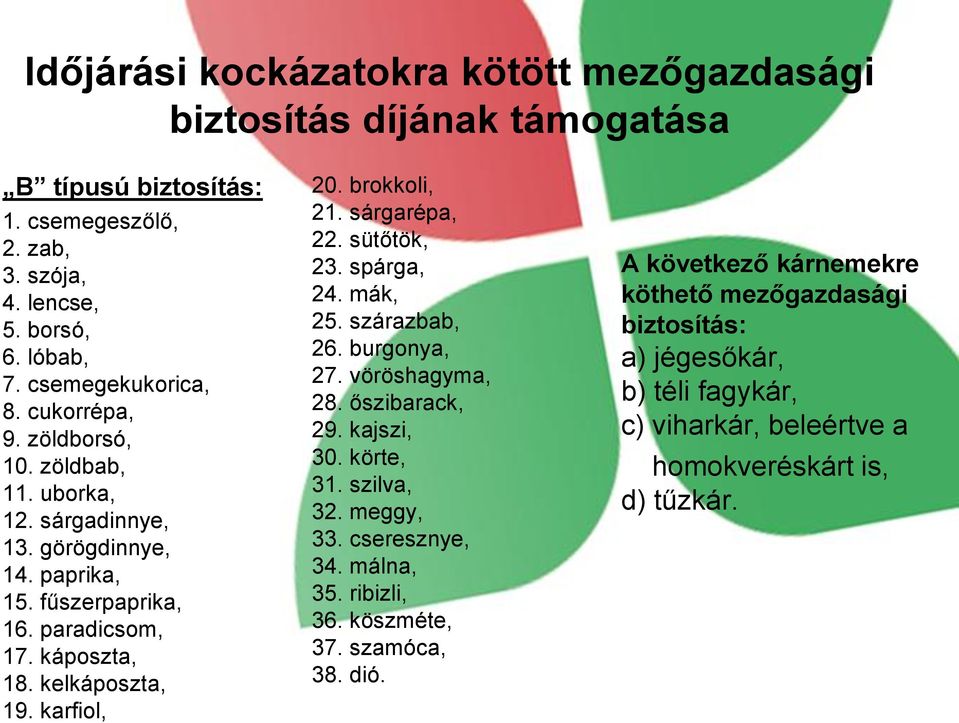 brokkoli, 21. sárgarépa, 22. sütőtök, 23. spárga, 24. mák, 25. szárazbab, 26. burgonya, 27. vöröshagyma, 28. őszibarack, 29. kajszi, 30. körte, 31. szilva, 32. meggy, 33. cseresznye, 34.