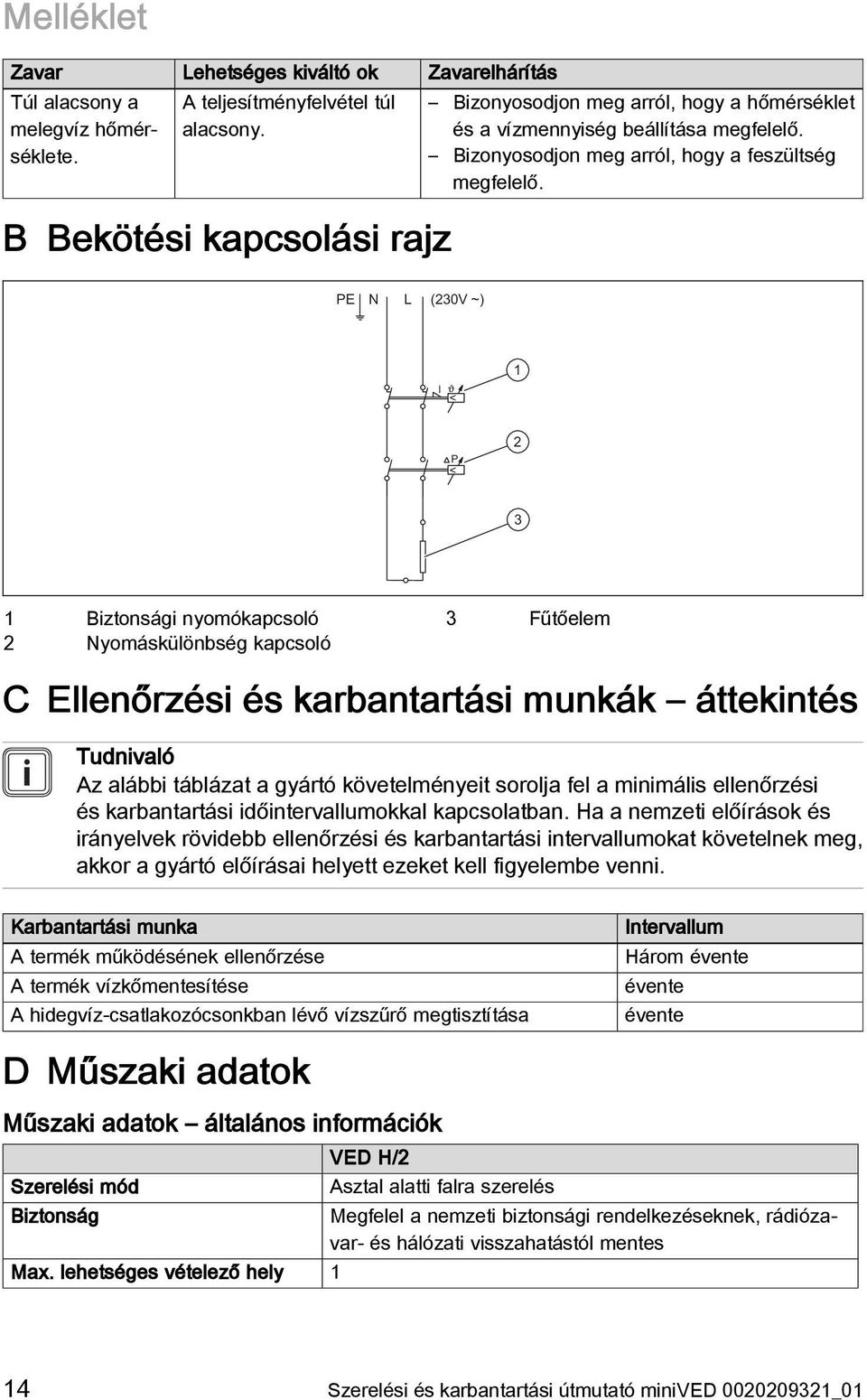 PE N L (230V ~) I < P < 2 3 Biztonsági nyomókapcsoló 2 Nyomáskülönbség kapcsoló 3 Fűtőelem C Ellenőrzési és karbantartási munkák áttekintés Tudnivaló Az alábbi táblázat a gyártó követelményeit