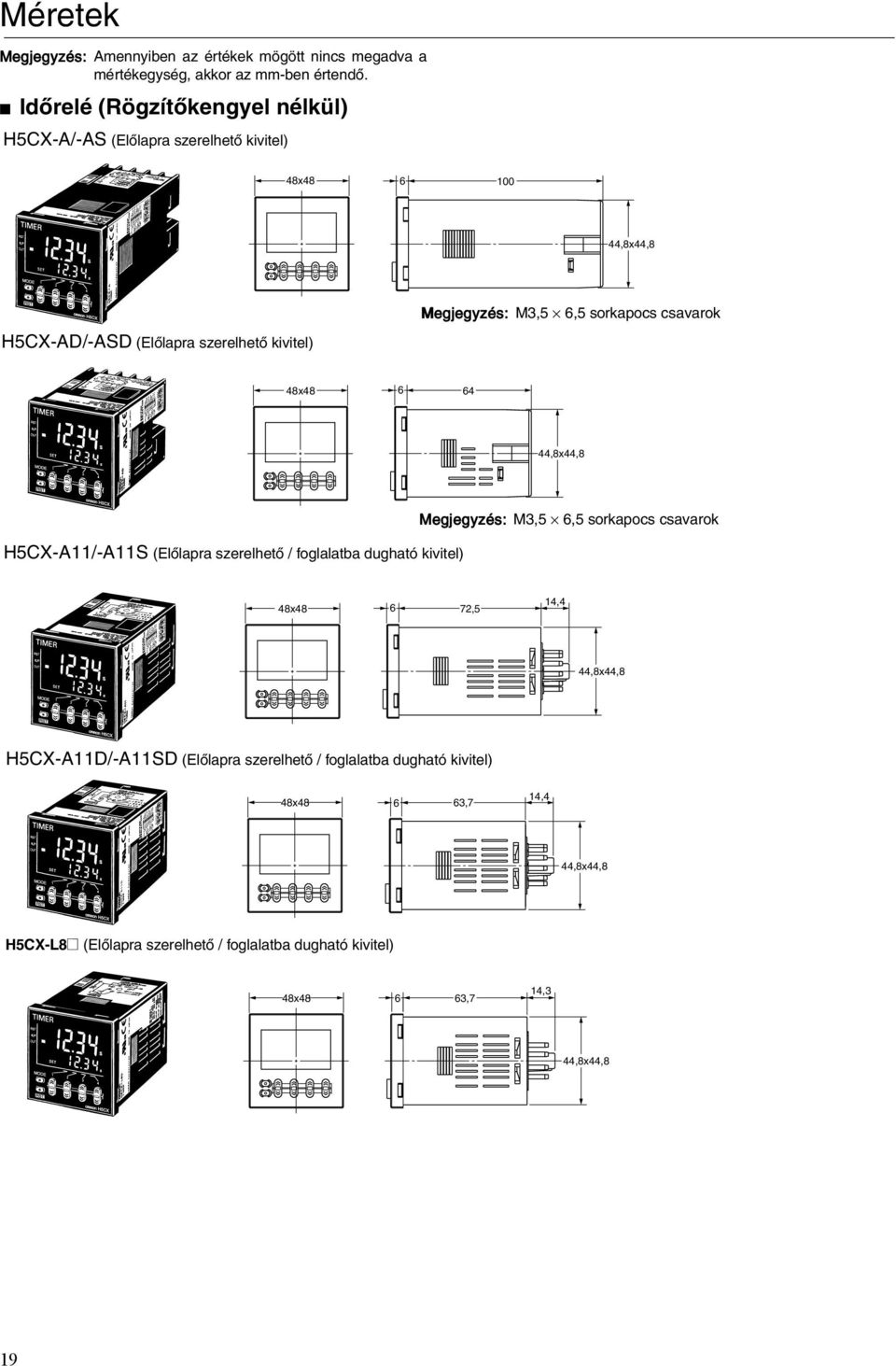 sorkapocs csavarok 48x48 6 64 44,8x44,8 Megjegyzés: M3,5 6,5 sorkapocs csavarok H5CX-A11/-A11S (Elõlapra szerelhetõ / foglalatba dugható kivitel) 48x48 6