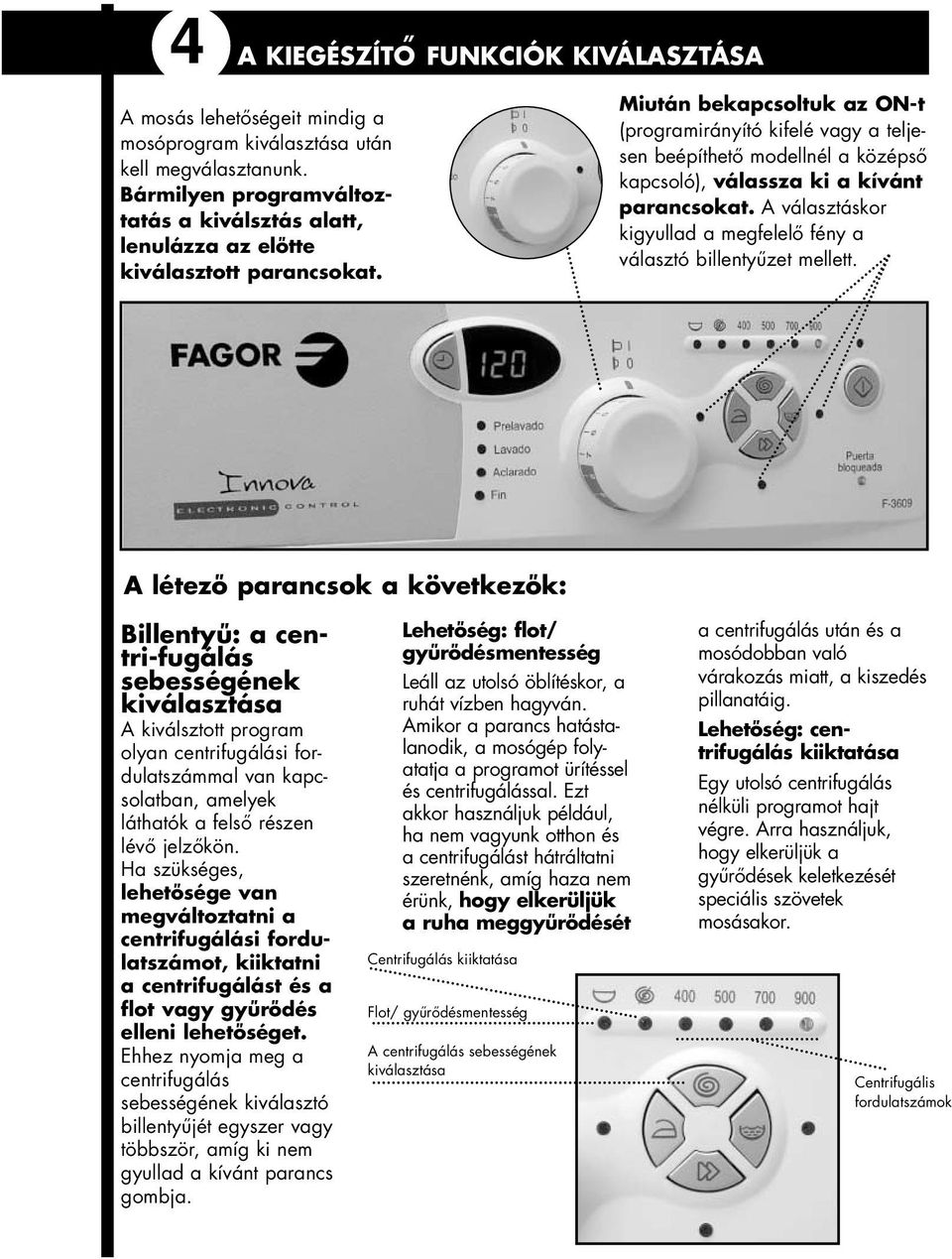 Miután bekapcsoltuk az ON-t (programirányító kifelé vagy a teljesen beépíthető modellnél a középső kapcsoló), válassza ki a kívánt parancsokat.