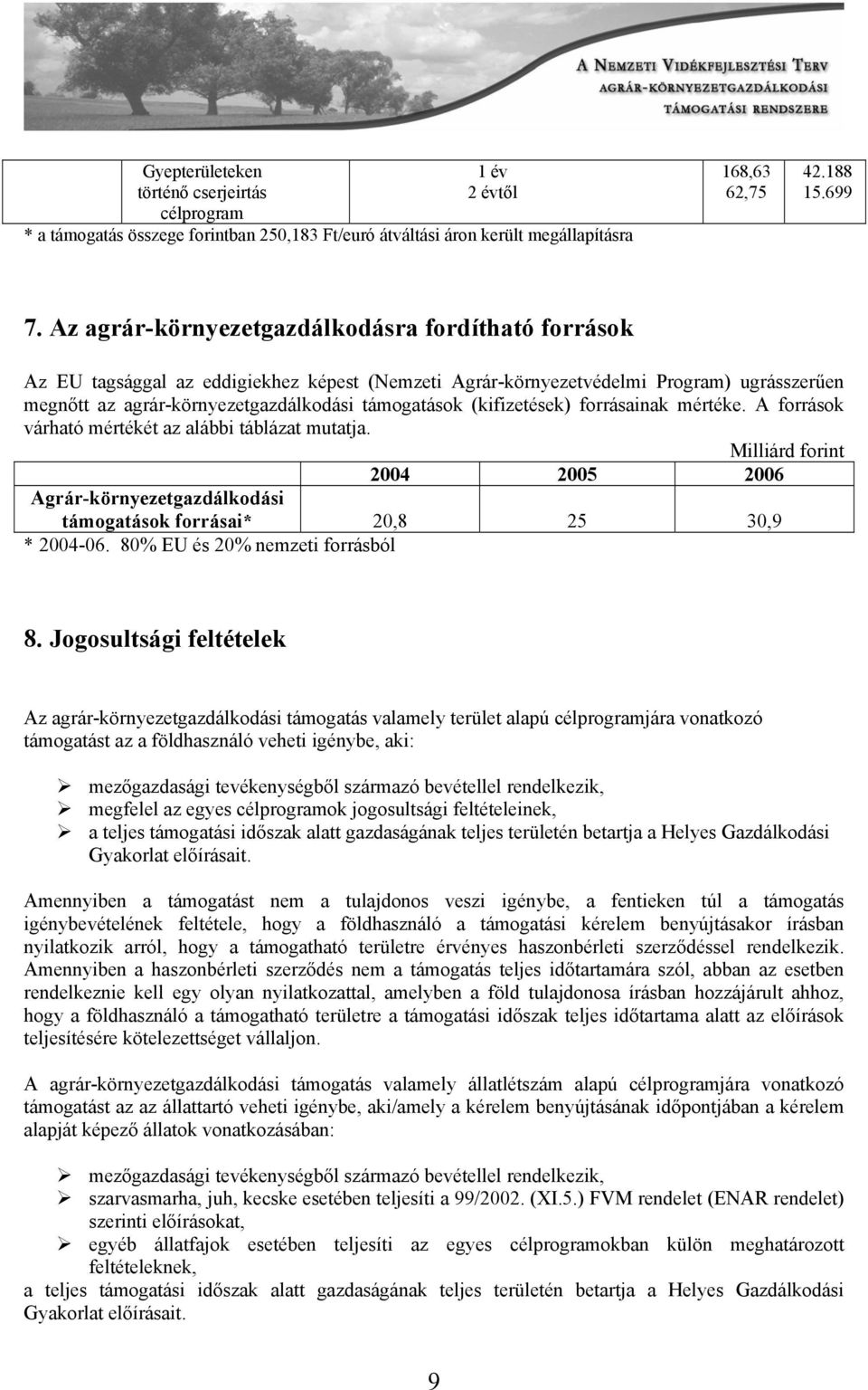 (kifizetések) forrásainak mértéke. A források várható mértékét az alábbi táblázat mutatja. Milliárd forint 2004 2005 2006 Agrár-környezetgazdálkodási támogatások forrásai* 20,8 25 30,9 * 2004-06.