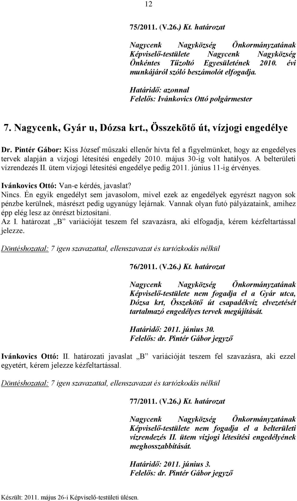 Pintér Gábor: Kiss József műszaki ellenőr hívta fel a figyelmünket, hogy az engedélyes tervek alapján a vízjogi létesítési engedély 2010. május 30-ig volt hatályos. A belterületi vízrendezés II.