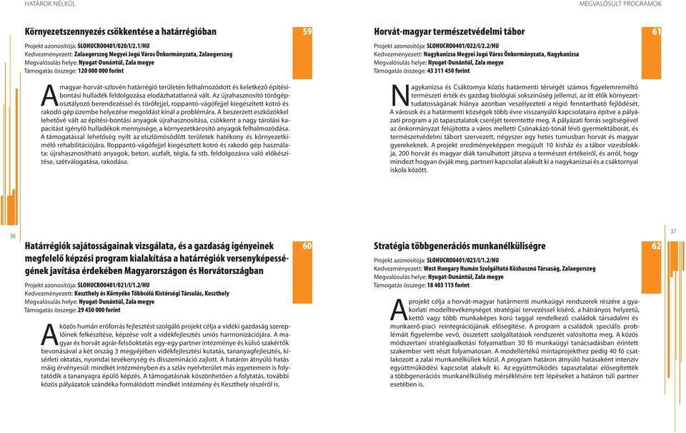 2/HU Kedvezményezett: Nagykanizsa Megyei Jogú Város Önkormányzata, Nagykanizsa Támogatás összege: 43 311 450 forint magyar-horvát-szlovén határrégió területén felhalmozódott és keletkező