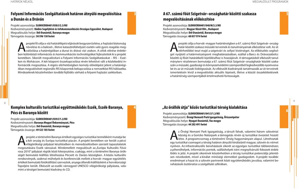 3/HU Kedvezményezett: Rádiós Segélyhívó és Infokommunikációs Országos Egyesület, Budapest Megvalósulás helye: Dél-Dunántúl, Baranya megye Támogatás összege: 58 596 138 forint projekt fő célja a vízi