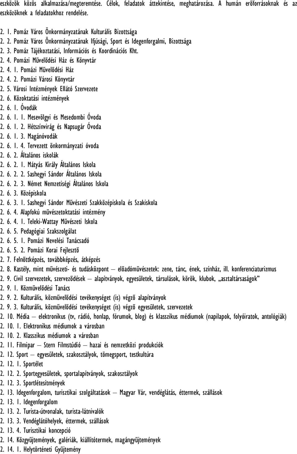 Pomázi Művelődési Ház és Könyvtár 2. 4. 1. Pomázi Művelődési Ház 2. 4. 2. Pomázi Városi Könyvtár 2. 5. Városi Intézmények Ellátó Szervezete 2. 6. Közoktatási intézmények 2. 6. 1. Óvodák 2. 6. 1. 1. Mesevölgyi és Mesedombi Óvoda 2.