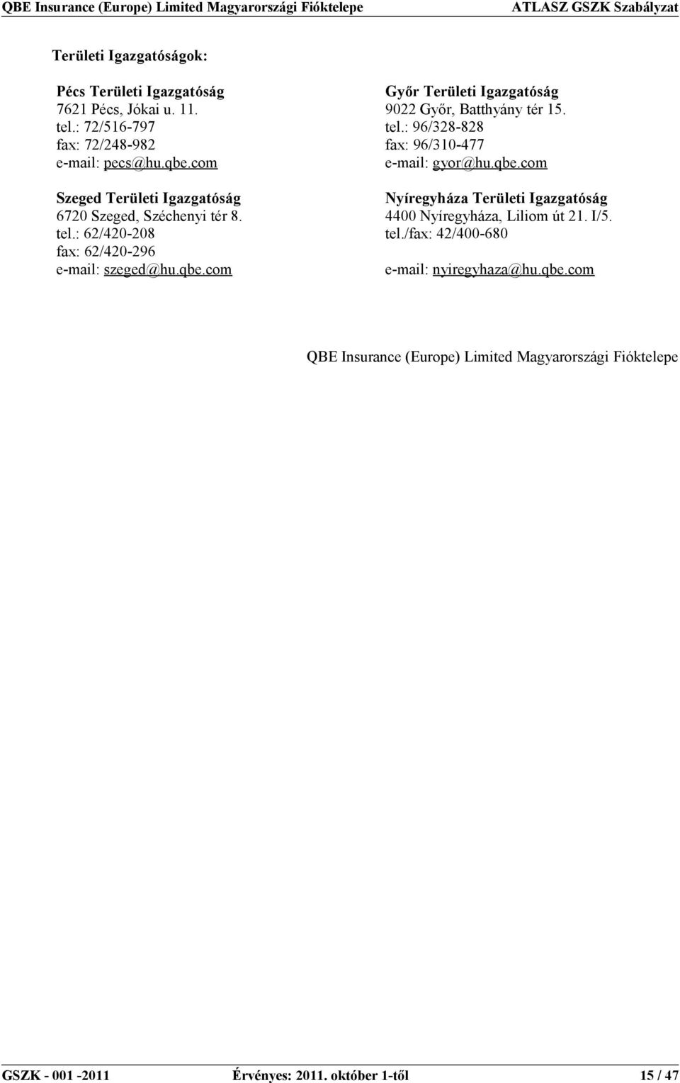 tel.: 96/328-828 fax: 96/310-477 e-mail: gyor@hu.qbe.com Nyíregyháza Területi Igazgatóság 4400 Nyíregyháza, Liliom út 21. I/5. tel.