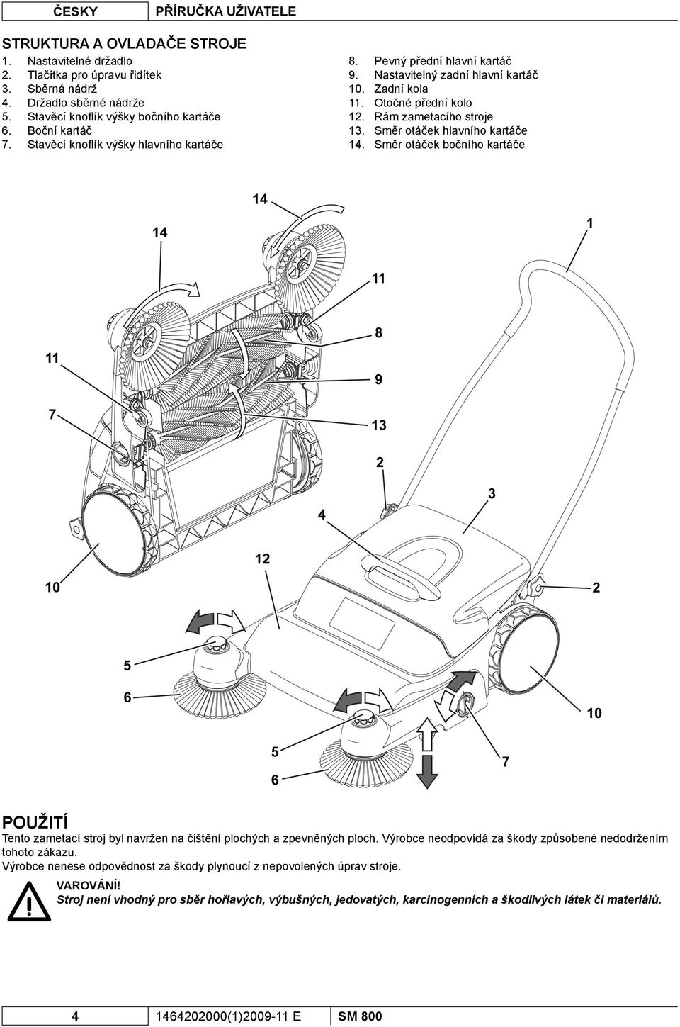 Pevný přední hlavní kartáč Nastavitelný zadní hlavní kartáč Zadní kola Otočné přední kolo Rám zametacího stroje Směr otáček hlavního kartáče Směr otáček bočního kartáče 14 14 1 11 11 7 8 9 13 2 4 3