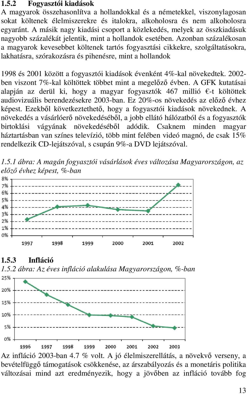 Azonban százalékosan a magyarok kevesebbet költenek tartós fogyasztási cikkekre, szolgáltatásokra, lakhatásra, szórakozásra és pihenésre, mint a hollandok 1998 és 2001 között a fogyasztói kiadások