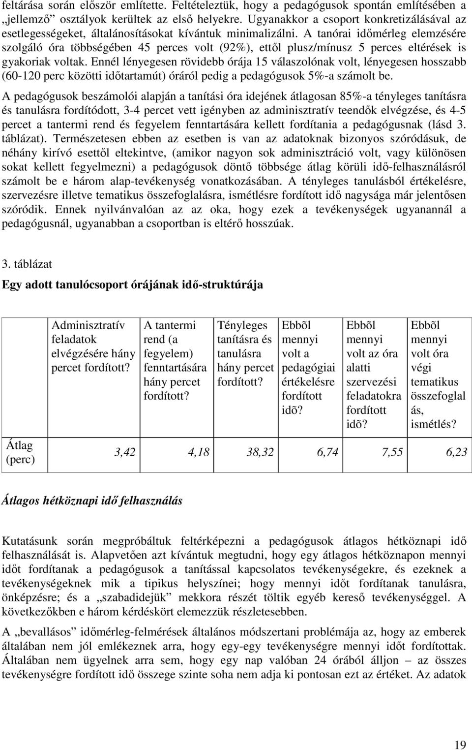 A tanórai idımérleg elemzésére szolgáló óra többségében 45 perces volt (92%), ettıl plusz/mínusz 5 perces eltérések is gyakoriak voltak.