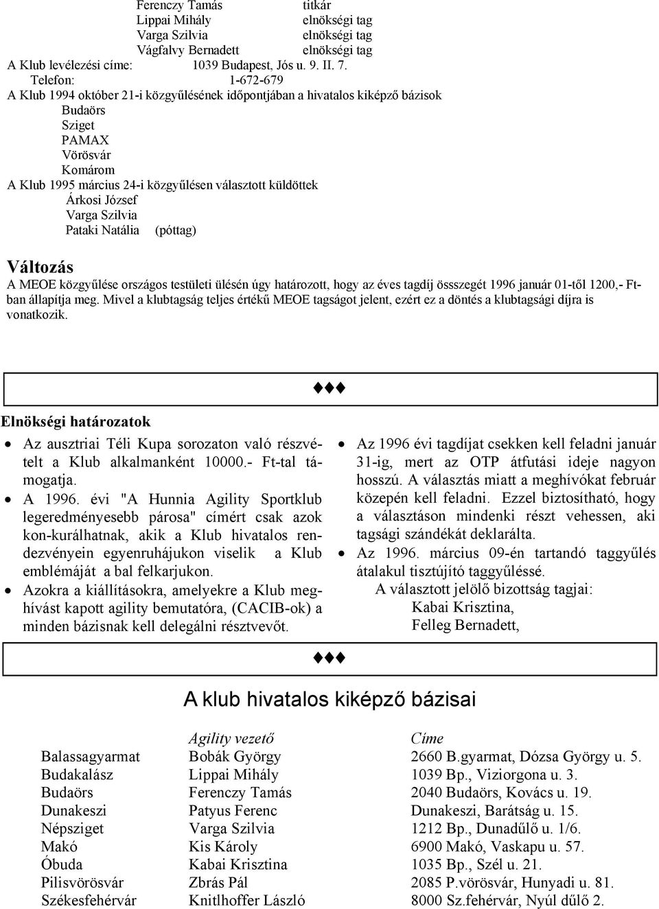 Árkosi József Varga Szilvia Pataki Natália (póttag) Változás A MEOE közgyűlése országos testületi ülésén úgy határozott, hogy az éves tagdíj össszegét 1996 január 01-től 1200,- Ftban állapítja meg.