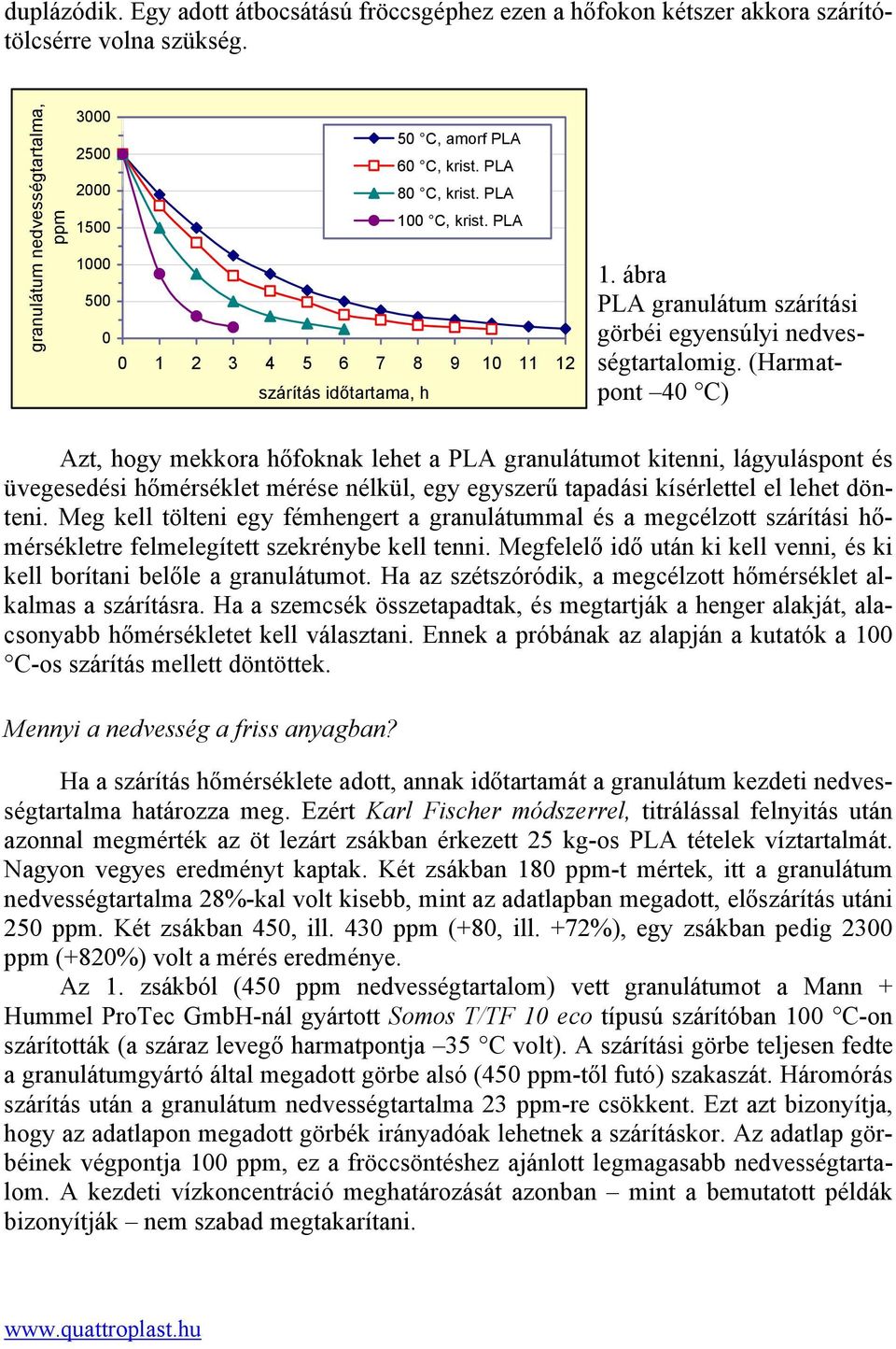 (Harmatpont 40 C) Azt, hogy mekkora hőfoknak lehet a PLA granulátumot kitenni, lágyuláspont és üvegesedési hőmérséklet mérése nélkül, egy egyszerű tapadási kísérlettel el lehet dönteni.