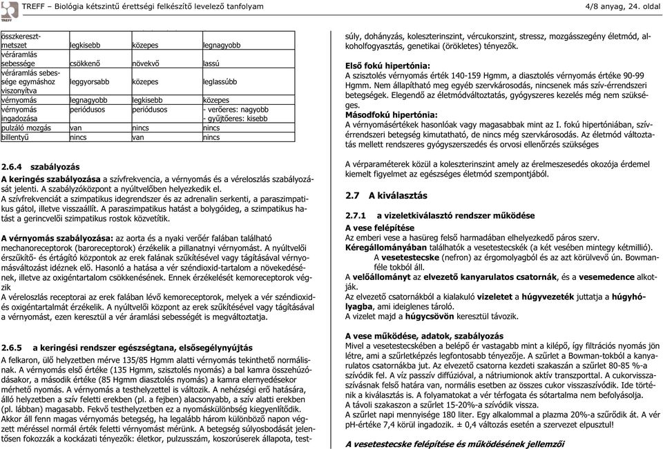 legnagyobb legkisebb közepes vérnyomás ingadozása periódusos periódusos - ver eres: nagyobb - gy jt eres: kisebb pulzáló mozgás van nincs nincs billenty nincs van nincs 2.6.