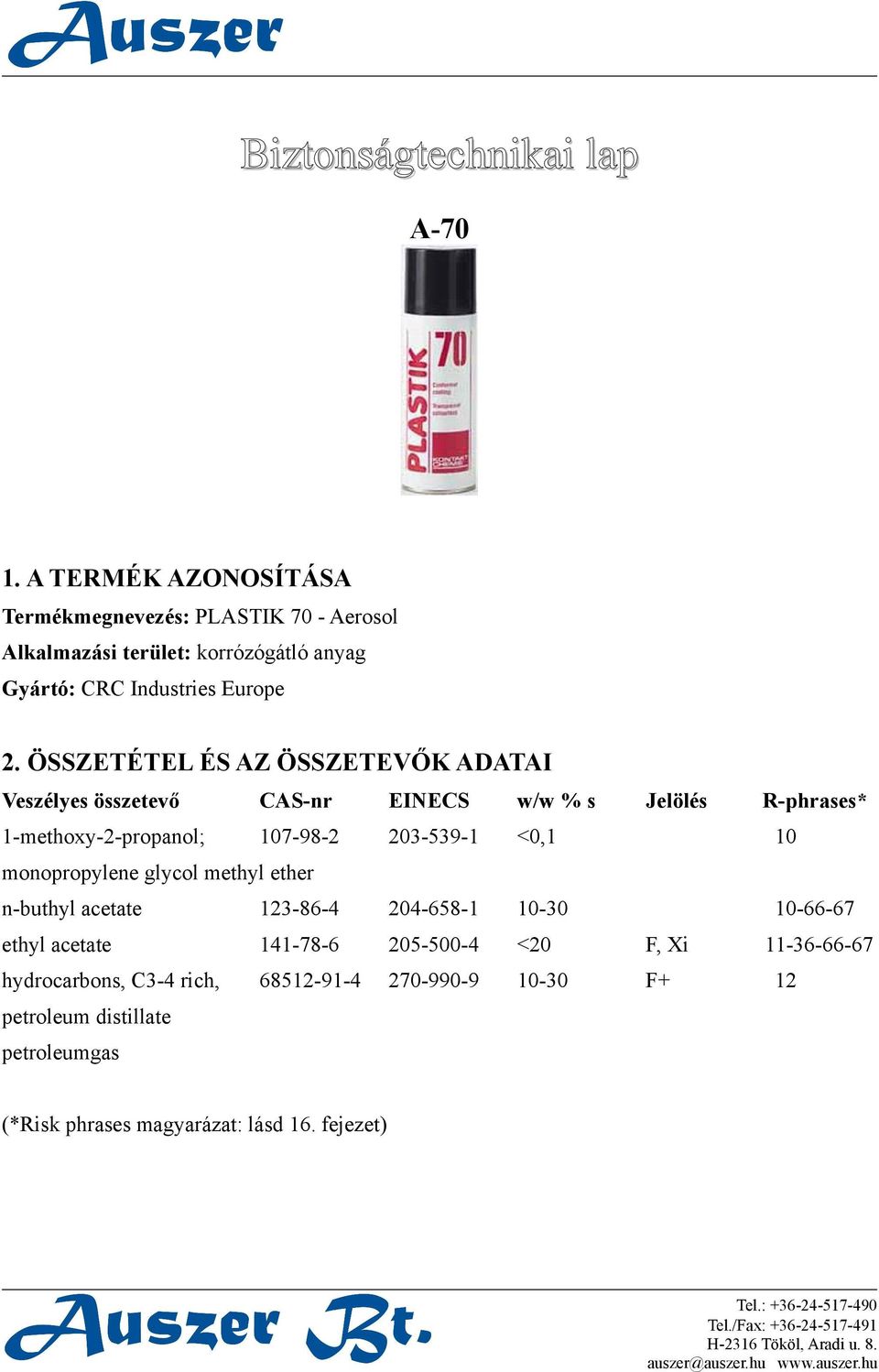 ÖSSZETÉTEL ÉS AZ ÖSSZETEVŐK ADATAI Veszélyes összetevő CAS-nr EINECS w/w % s Jelölés R-phrases* 1-methoxy-2-propanol; 107-98-2 203-539-1 <0,1 10