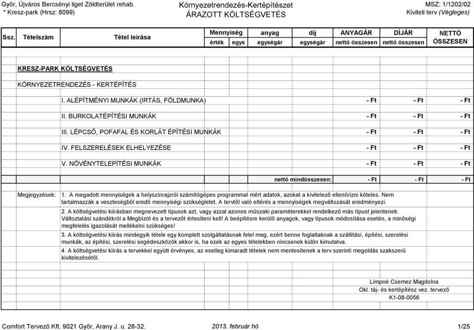 A megadott mennyiségek a helyszínrajzról számítógépes programmal mért adatok, azokat a kivitelező ellenőrizni köteles. Nem tartalmazzák a veszteségből eredő mennyiségi szükségletet.