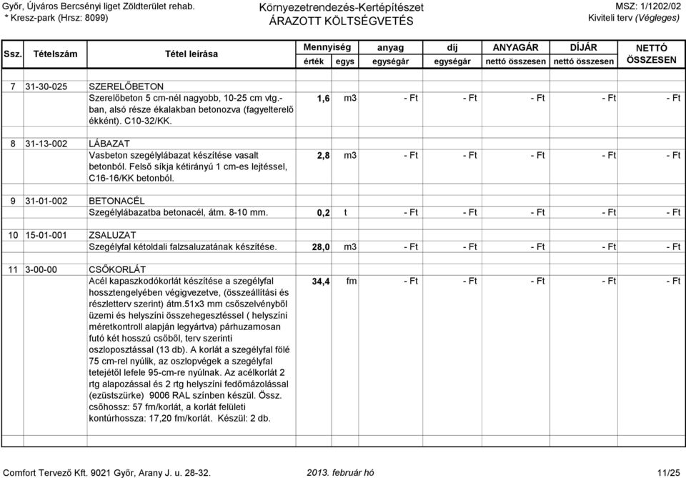 1,6 m3 - Ft - Ft - Ft - Ft - Ft 2,8 m3 - Ft - Ft - Ft - Ft - Ft 9 31-01-002 BETONACÉL Szegélylábazatba betonacél, átm. 8-10 mm.