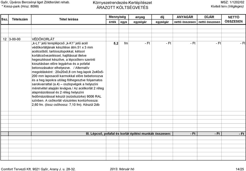 / Alternatív megoldásként : 20x20x0,8 cm heg.lapok 2x40x5-200 mm laposacél karmokkal előre bebetonozva és a heg.lapokra utólag fölhegesztve folyamatos sarokvarrattal (a.