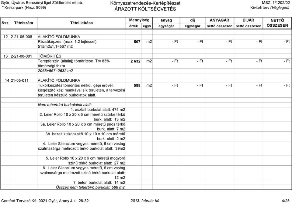 2 632 m2 - Ft - Ft - Ft - Ft - Ft 588 m2 - Ft - Ft - Ft - Ft - Ft Nem teherbíró burkolatok alatt: 1. aszfalt burkolat alatt: 474 m2 2. Leier Rollo 10 x 20 x 6 cm méretű szürke térkő burk.