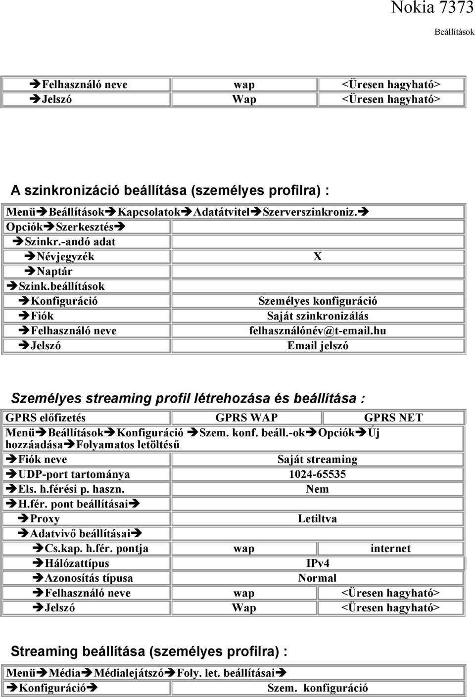 beállítások Konfiguráció Személyes konfiguráció Saját szinkronizálás Email jelszó Személyes streaming profil létrehozása és beállítása : Menü Konfiguráció